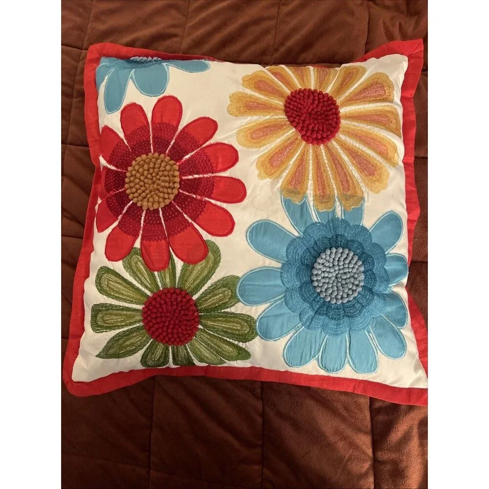 Pier 1 Embroidered Floral Appliqué Case Only Red‎ Blue Green Yellow 18X 18 Satin
